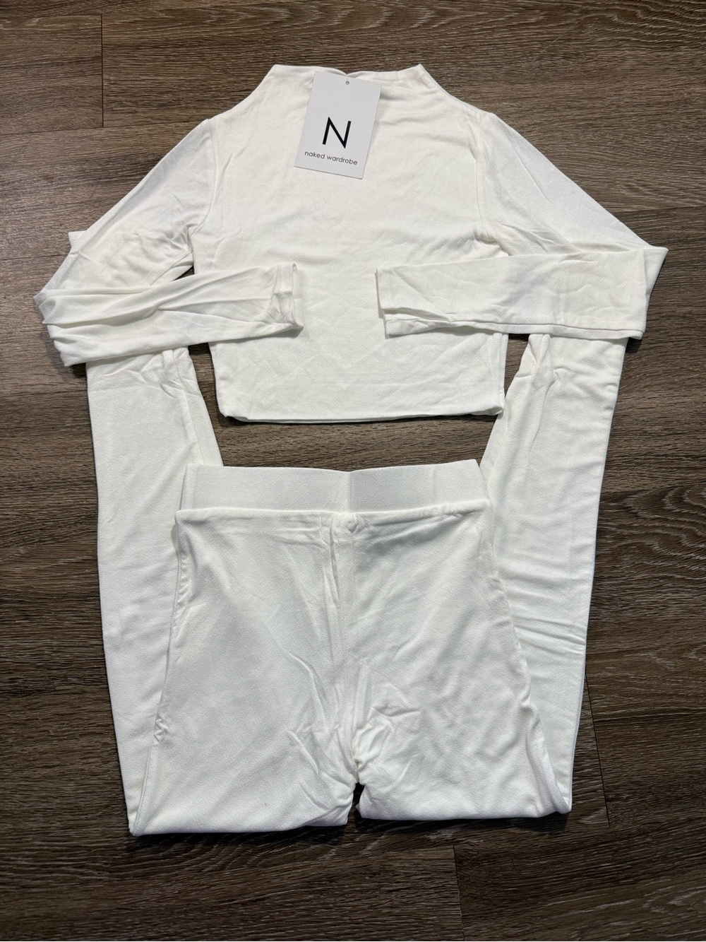 Naked Wardrobe NW Mock Cropped Long Sleeve and Leggings SET White - Picture 3 of 4